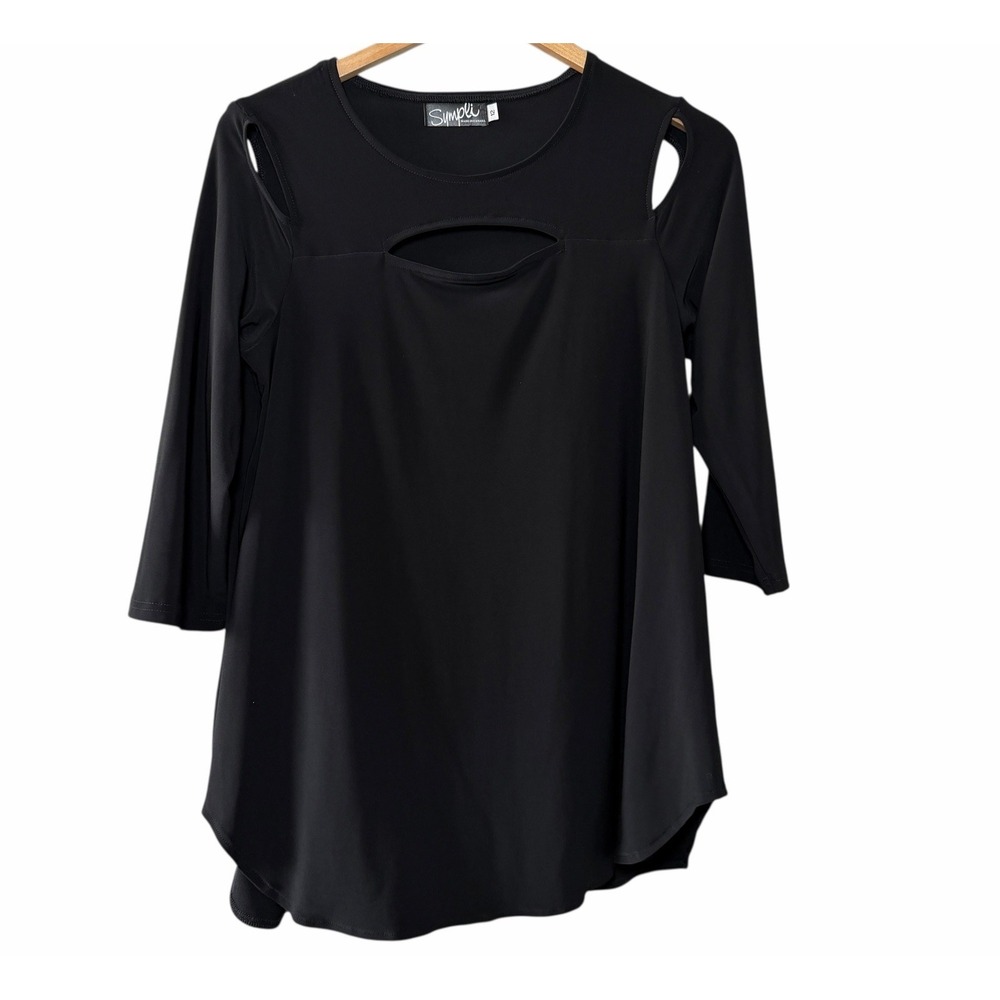 Sympli Canada Womens Black Cutout Tunic 3/4 Sleeve Top Size 12 Stretch Lagenlook
